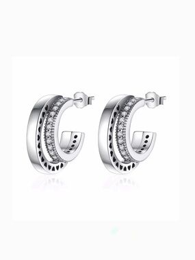 New S925 Sterling Silver Pave Double Hoop Heart Stud Earrings